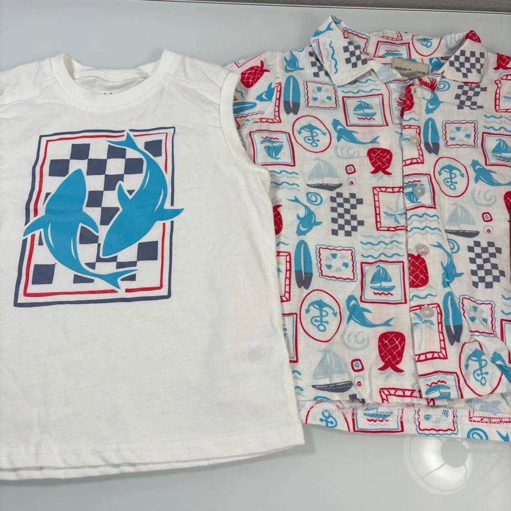 Stitch & Stone Boys Size 6 Blue White 3-Piece Shark Nautical Shirt Tank Set NEW